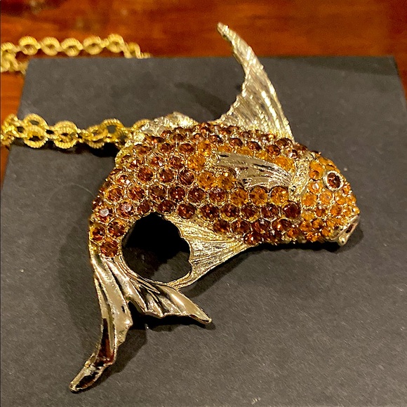 ciner unsigned Jewelry - Gold Tone Vintage Fish Pendant Necklace and Brooch Brown Topaz Color Crystal.